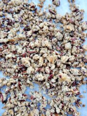 A pan of crunchy topping that has been baked.