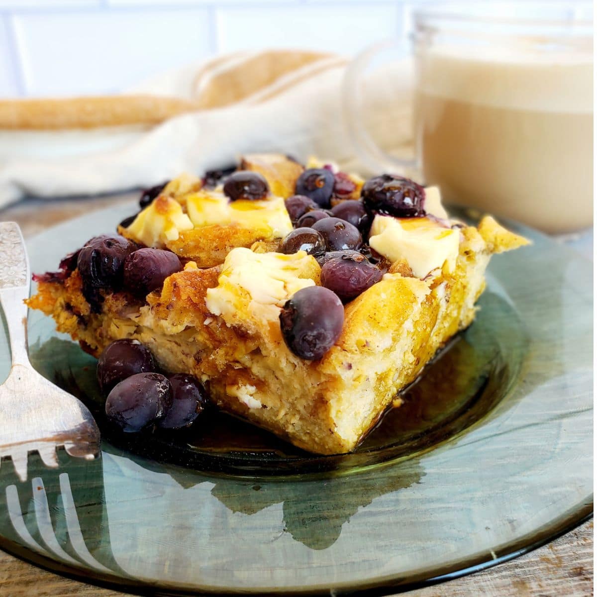 Blueberry Cream Cheese French Toast Casserole on a plate.